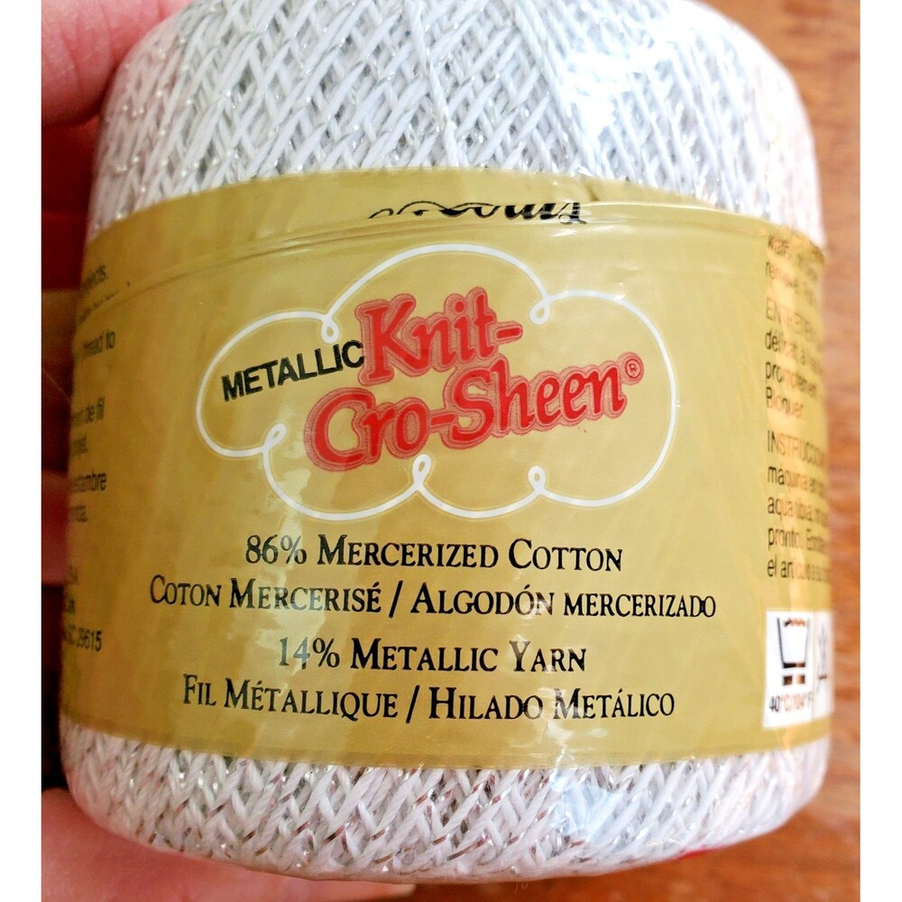 Knit-Cro-sheen Yarn Thread 1 Ball 100yds White Cotton Silver Metalic #10 Weight